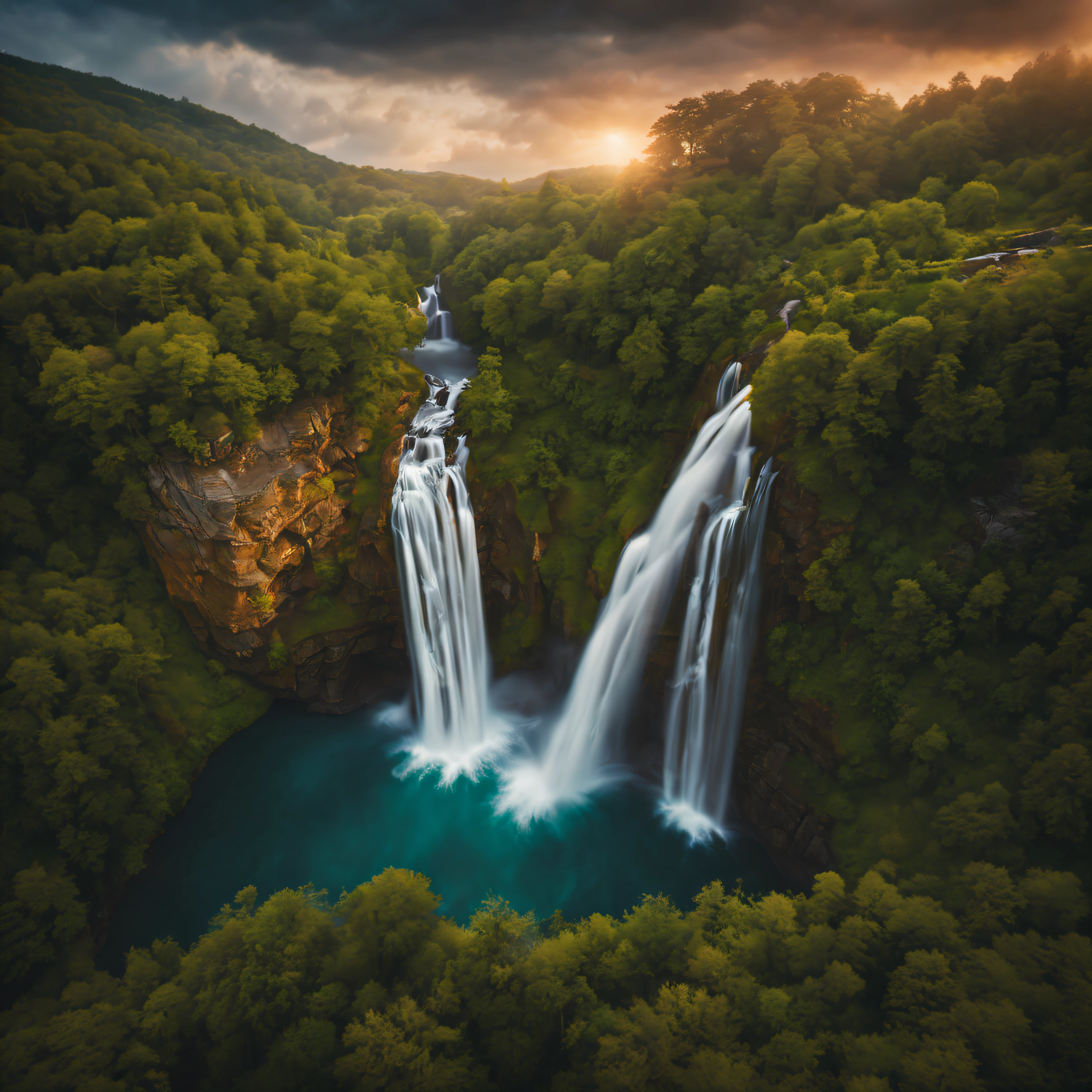 (best quality,4k, highly detailed:1.2), realistic image, landscape photography, waterfall, drone shots, RAW, vivid colors, ultra-fine details, studio lighting