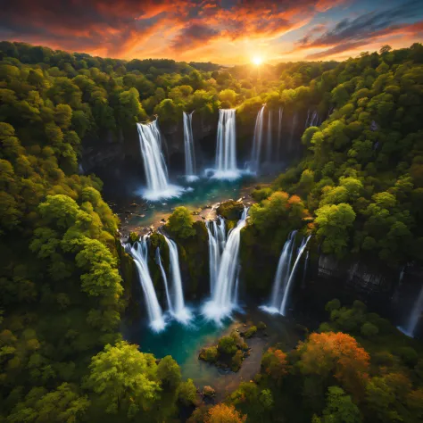 (best quality,4k, highly detailed:1.2), realistic image, landscape photography, waterfall, drone shots, raw, vivid colors, sunse...