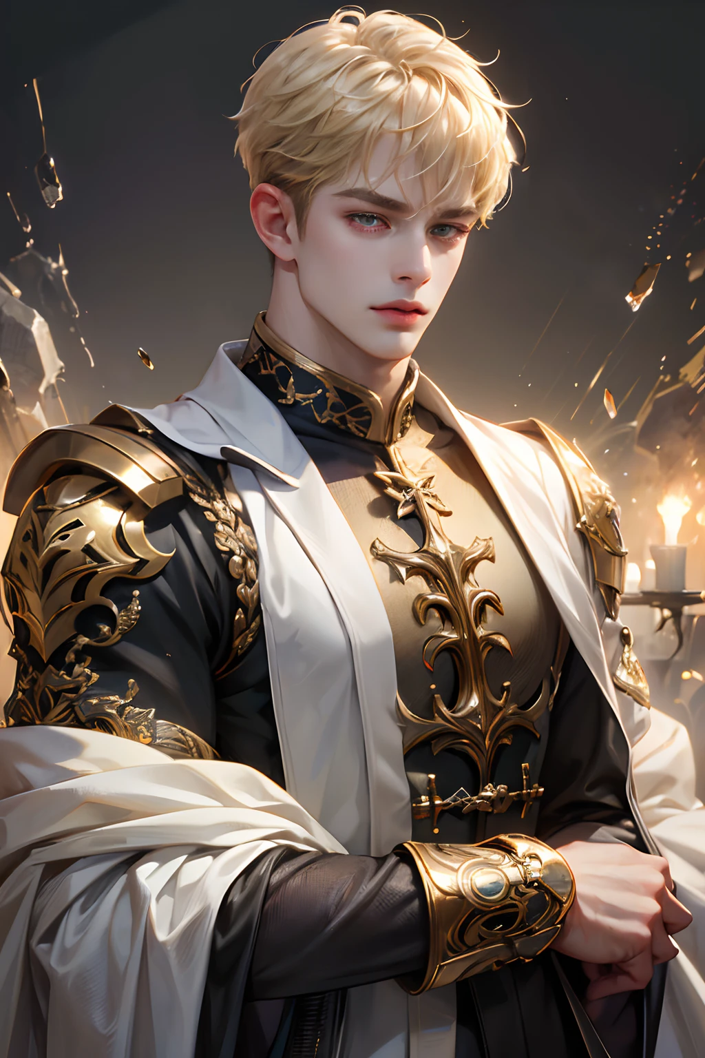 (absurdesten, highres, Extrem detailliert, HDR), Meisterwerk, beste Qualität, Android-Spielcharakter , kurzes Haar, blondes Haar, hübscher Junge, Anime Augen, Mobile Legends Hero, detaillierte scebe, detaillierter Charakter