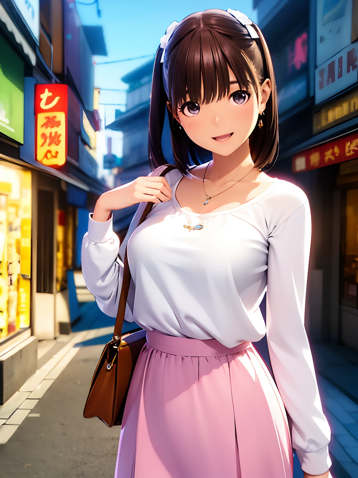 hight resolution,8K,Best Quality,detaileds,semi - realistic anime,Anime 3D Style,Smooth Anime CG,1 girl in,20 year old woman in Japan,slim,modeled,shiny chestnut hair,Medium Hair,Detailed face,Beautiful and detailed eyes,Glowing skin,(Long sleeve top、long  skirt),earring beautiful,a necklace,tag, with light glowing, plein air, (a street:0.8), (a person, Large crowds:1),Beautiful details sky, (dynamicposes:0.8),Hard Focus、film grains,Soft lighting,the wind,looking at the viewers,Smile with open mouth