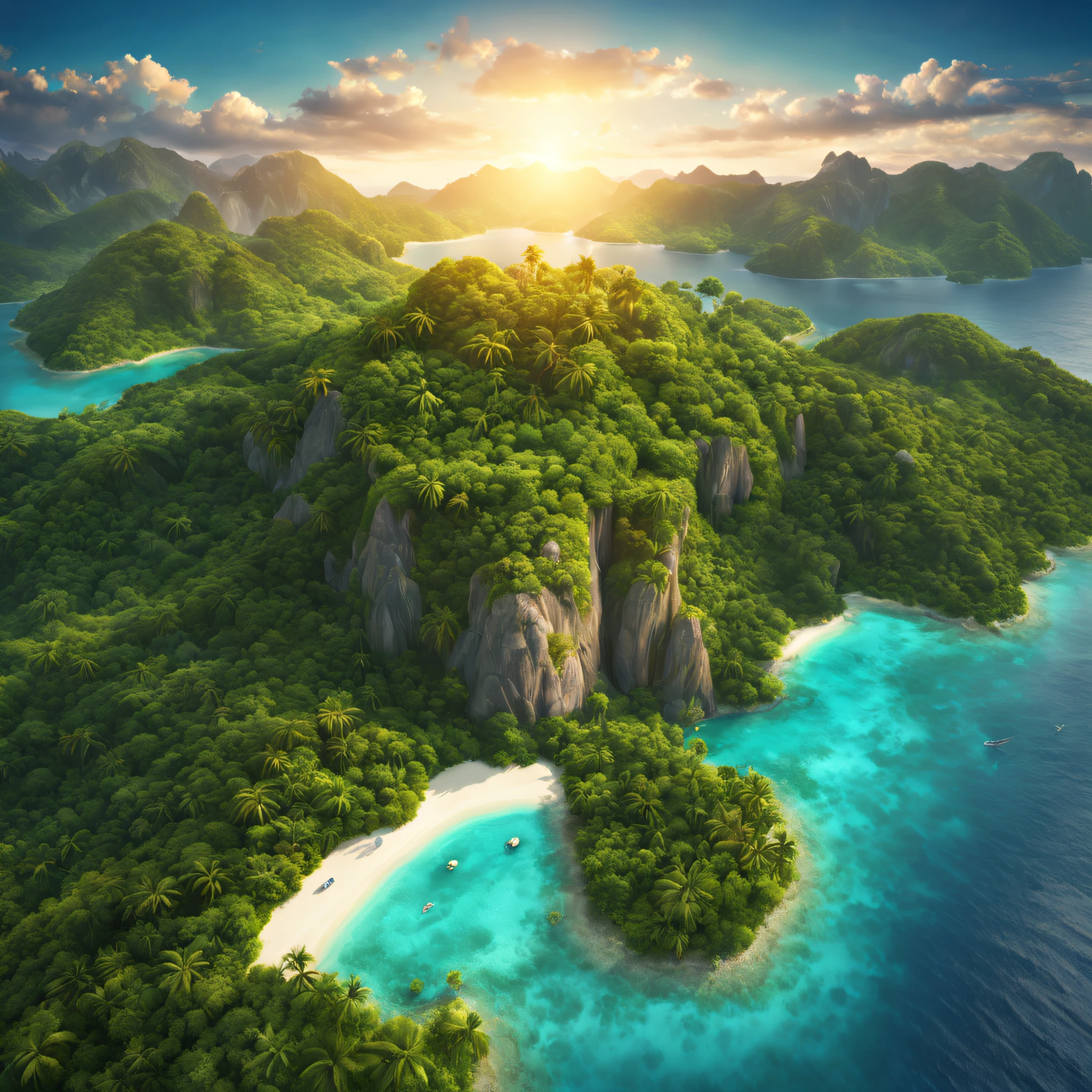 (best quality,4k,highres,masterpiece:1.2),ultra-detailed,realistic:1.37,photorealistic,HDR,UHD,aerial view,crystal-clear water,vivid colors, serene atmosphere,glowing sunset,remote island,hidden,isolated,breathtaking landscape,majestic,mountains,white sand beaches,tropical paradise,lush greenery,turquoise blue sea,tranquil,peaceful,secluded,untouched,pristine nature,warm sunlight,dreamy,fantasy,unforgettable,once-in-a-lifetime experience,romantic,serene,heartwarming,awe-inspiring surreal effects