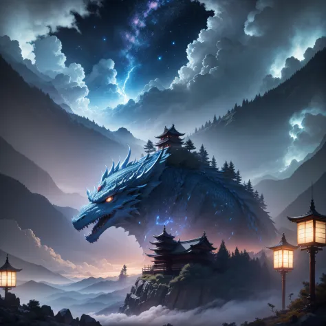The dragon that appears in the Japan anecdote、Paint a landscape that emerges in the sky in spectacular lightning。The dragon is covered with blue scales、Floating above the clouds、Stars in the night sky々is shining。A mysterious light radiates from the dragon'...