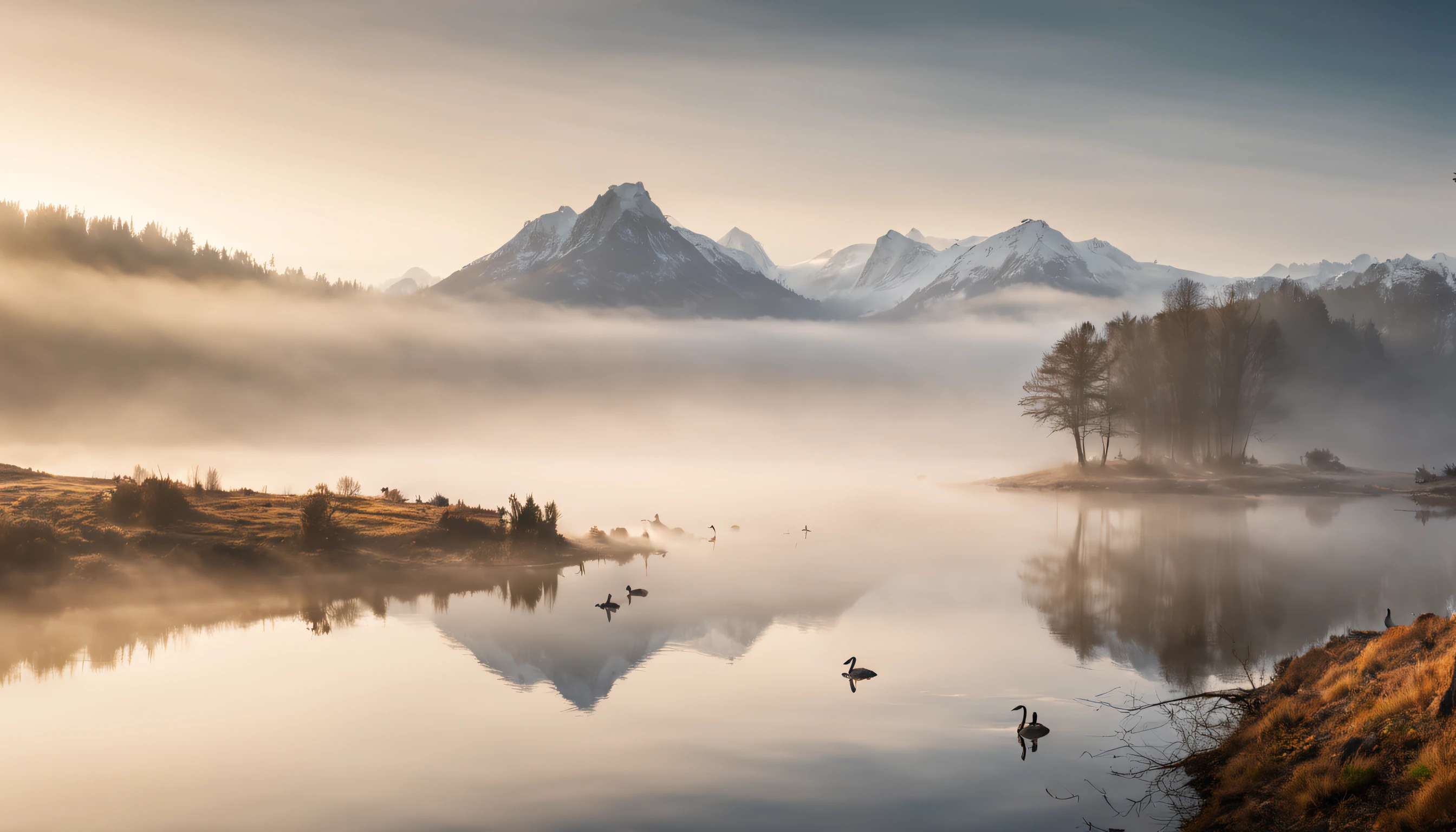 Beautiful landscape photography, Mountain, lake, geese, heavy fog, morning, mist, cinematic, log, raw, highly detail, 4k image, landscape photography