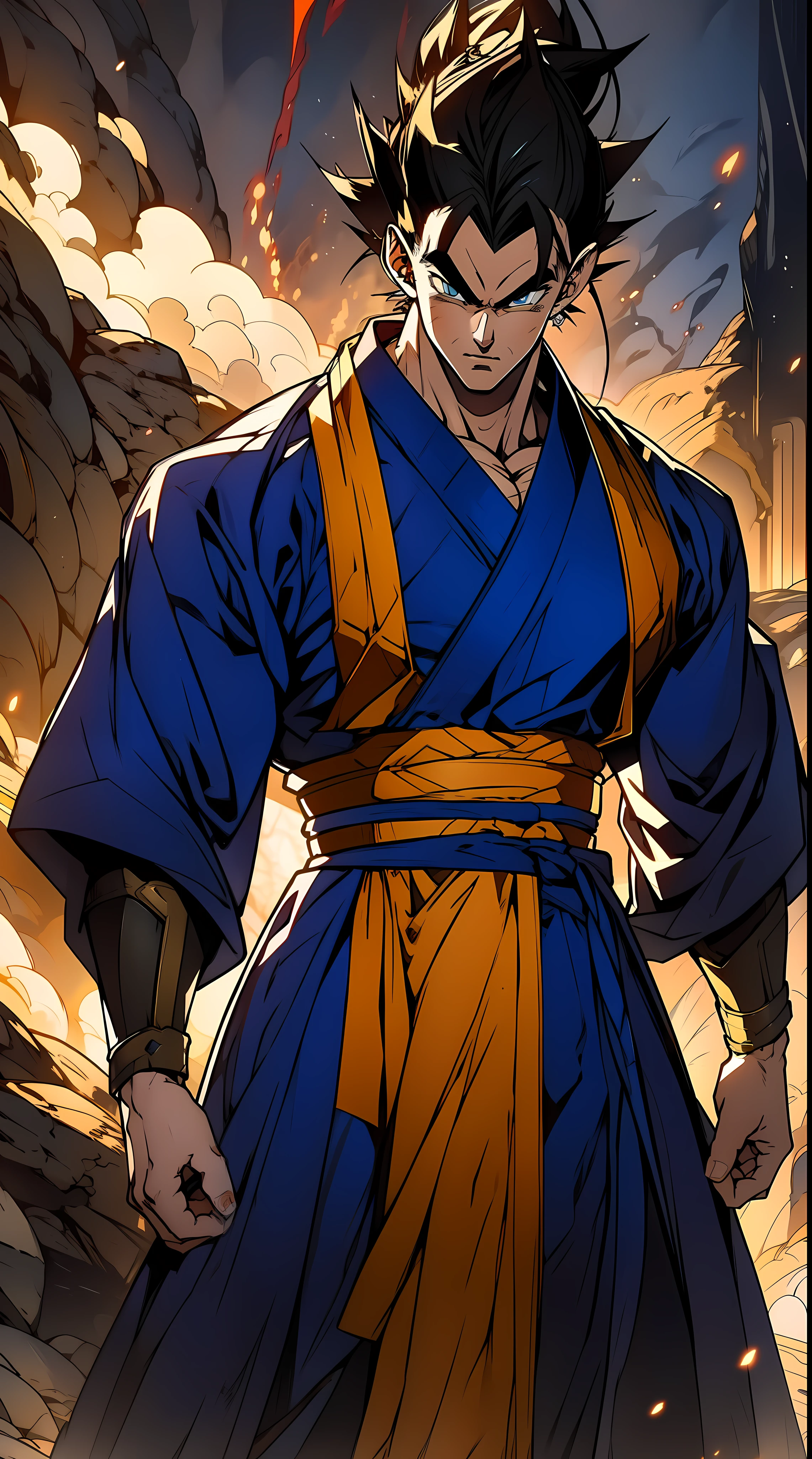 single Man, prince vegita from dragon ball, mascular, Angry, samurai kimono, look viewer, 独奏, Full body, head to toe, ((masterpiece)), (Best quality), (Extremely detailed), 8k, attention to detail, highly detailed, detailed face, highly detailed eyes, Depth of field, sketch, dark intensive shadows, Sharp focus quality, hdr, Colorful, Good composition, There were fires all around, detailed fire, spectacular, Anime screenshots, Scars under the eyes, getting ready to fight, Dark eyes，deep of field，Sea backgroun，ship，sunrays，Red clothes, dark blue spiky hair,quadratic element，style of shonen anime，mtu（Male Warrior，The proportions are correct，Face detail，iconic vegita hairstyle，Neck details，clothes details，getting ready to fight，short sleeves，Game quality，Light and shadow tracking，Ray traching，detailed glow，cg render，hair detail，blue colored eyes，Handsome，Handsome，（juvenile sense），Clothing is complicated，Perfect composition，Refinement，high qulity，higher details，Lots of details，The background is complex，a sense of atmosphere，