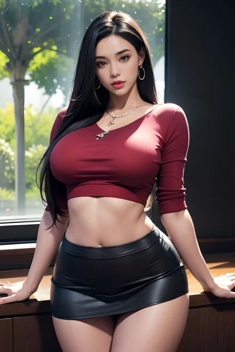 at office in background,looking at viewer,depth of field, bokeh,light falling,((MILF))
1girl wearing an office outfit, red shirt, black skirt ,huge breasts,
brown eyes,(long hair, black hair, very straight hair:1.4, hime cut:1.4), earrings necklace,pout,
p...