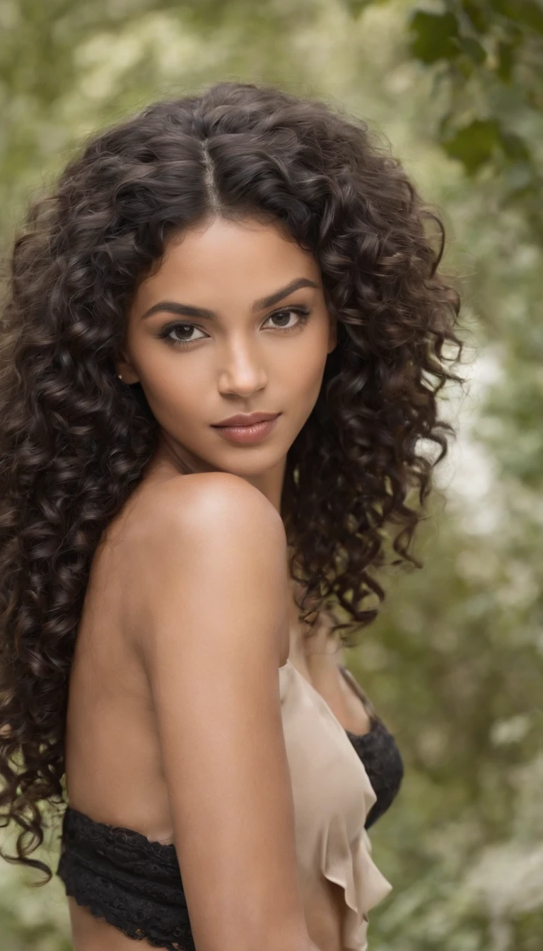 A close up of a woman with long curly hair wearing a bra - SeaArt AI