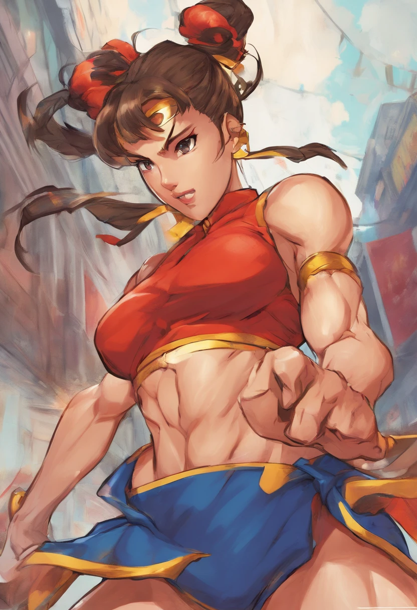 A woman in a red top and blue shorts is holding a sword - SeaArt AI