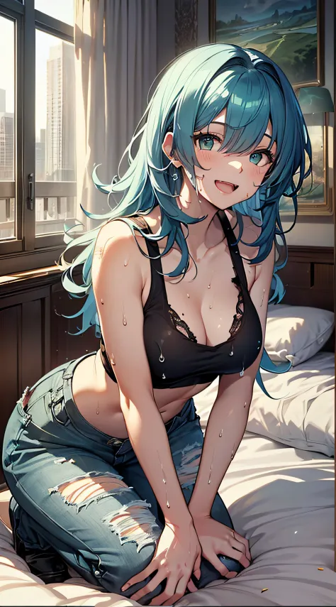 top-quality、Top image quality、​masterpiece、teens girl((sixteen years old,My whole body is full of wounds、Black tattered tank top,Tattered blue long pants、Best Bust、Bust 85、Light blue shiny hair、Longhaire,Blue-green eyes、open chest wide、Valley、Happiness、A s...