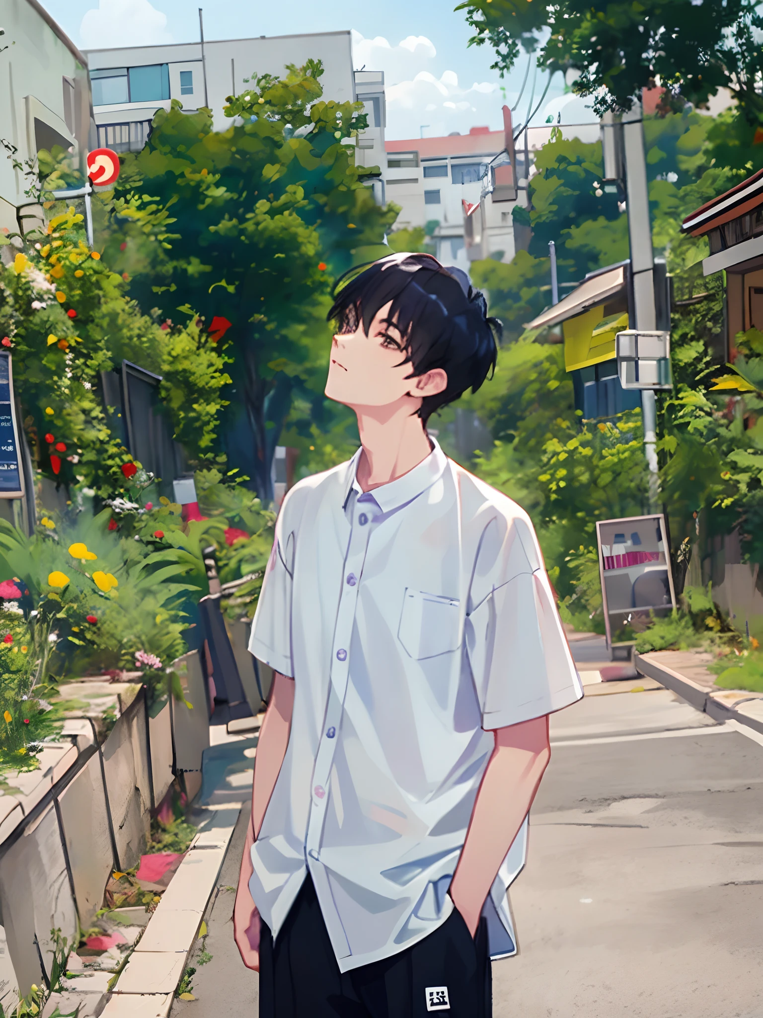 Anime boy standing on the street looking up at the sky - SeaArt AI