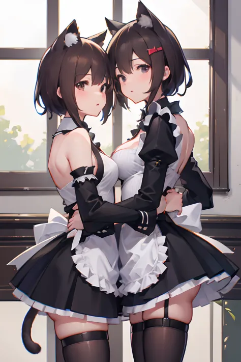 best quality, masterpiece, super high resolution, 8k, 2 girls kissing, depth of field, cat ears, brown hair, maid outfit, combat...