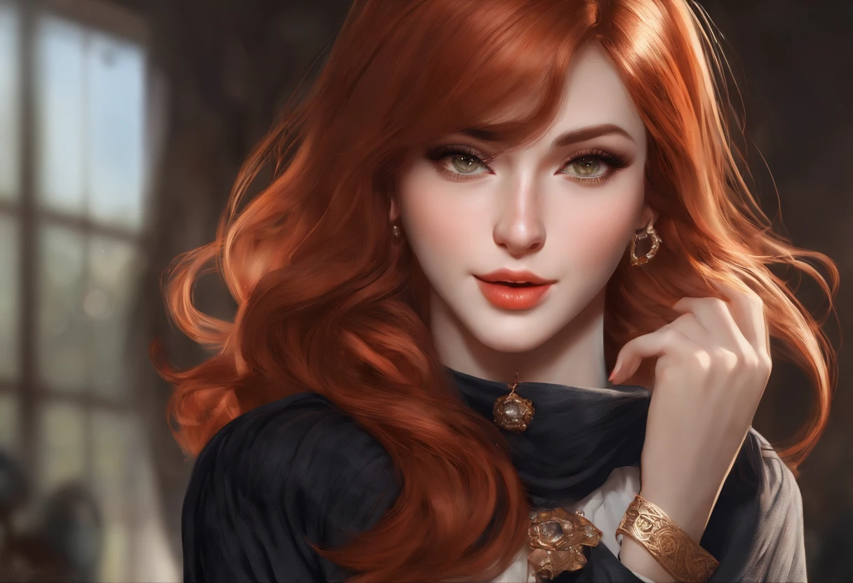 Masterpiece, Best quality, {Best quality}, {{Masterpiece}}, {high resolucion}, Foyer, Style anime, Close-up of a caricature of a woman, Design de fille, portrait, Giesha, Anime image, cheveux longs, cheveux roux, redhead, Yeux droits, look poli et puissant, exotique, grand, Rousseur, gai, Casual chic wear, colourfull, Couleurs