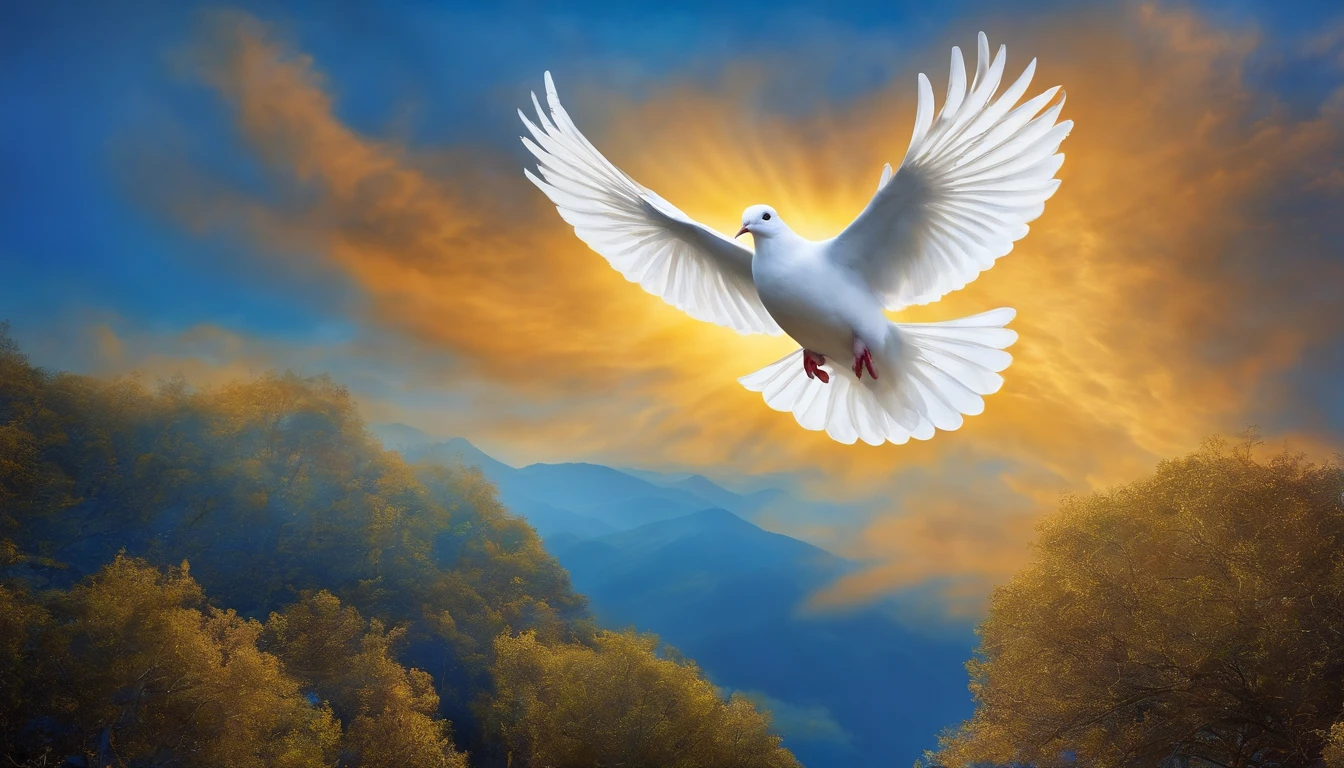 Taube, die den Heiligen Geist darstellt, Blauer Hintergrund, vom Himmel herabsteigend, Religion, Malstil, Beleuchtung