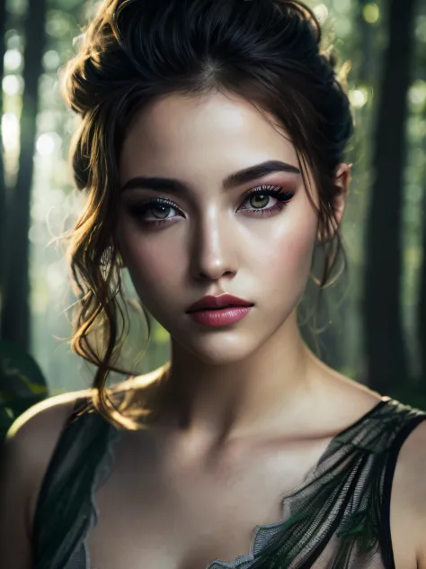 Close-up of a beautiful woman in the forest with heavy makeup, soft volumetric light, (backlight: 1.3), (movie: 1.2), intricate ...