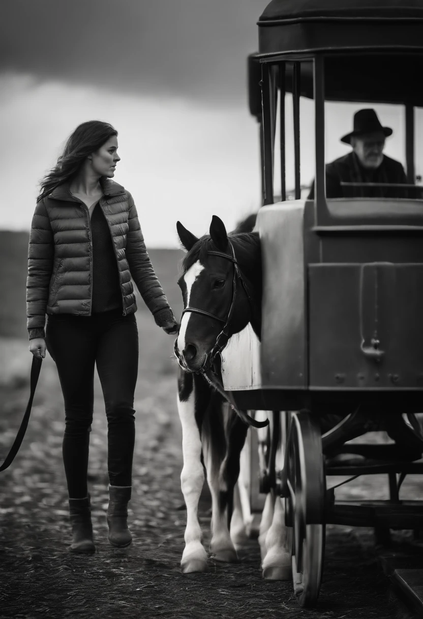 Araffe and a woman walking a horse in front of a carriage - SeaArt AI