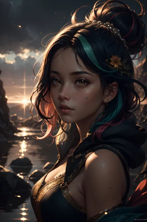 1 girl, adult (elven:0.3) woman, layered multicolored hair, candid portrait, establishing shot, detailed background, shouldered ...