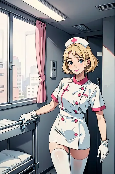 1woman, nurse, nurse cap, white wear, ((white legwear, zettai ryouiki)), white gloves, blonde hair, blue eyes, pink lips, smile,...