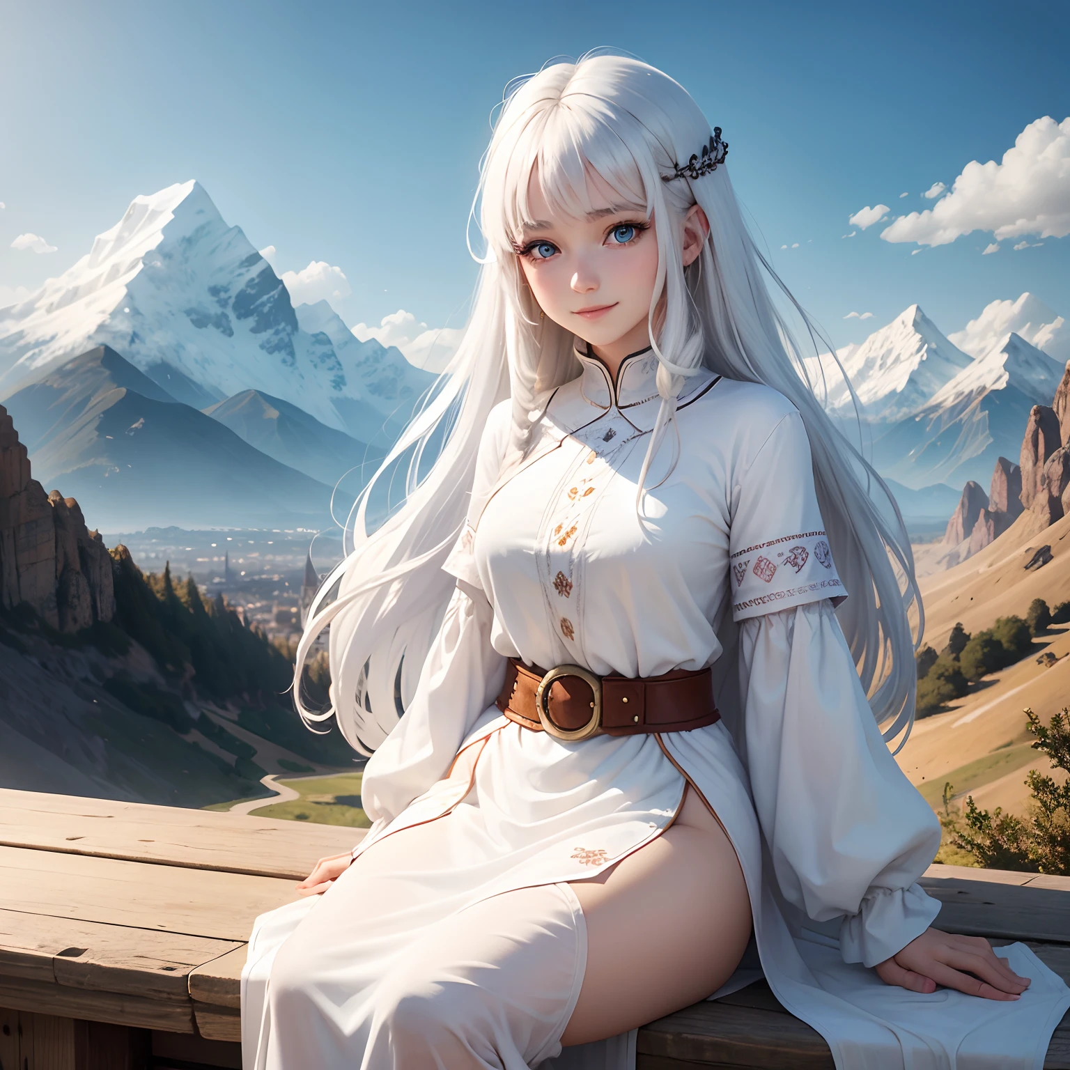 In the background are mountains, a beautiful girl name is Lisa, 18 year old  with blue eyes, long white hair, wearing a white tunic is smile - SeaArt AI