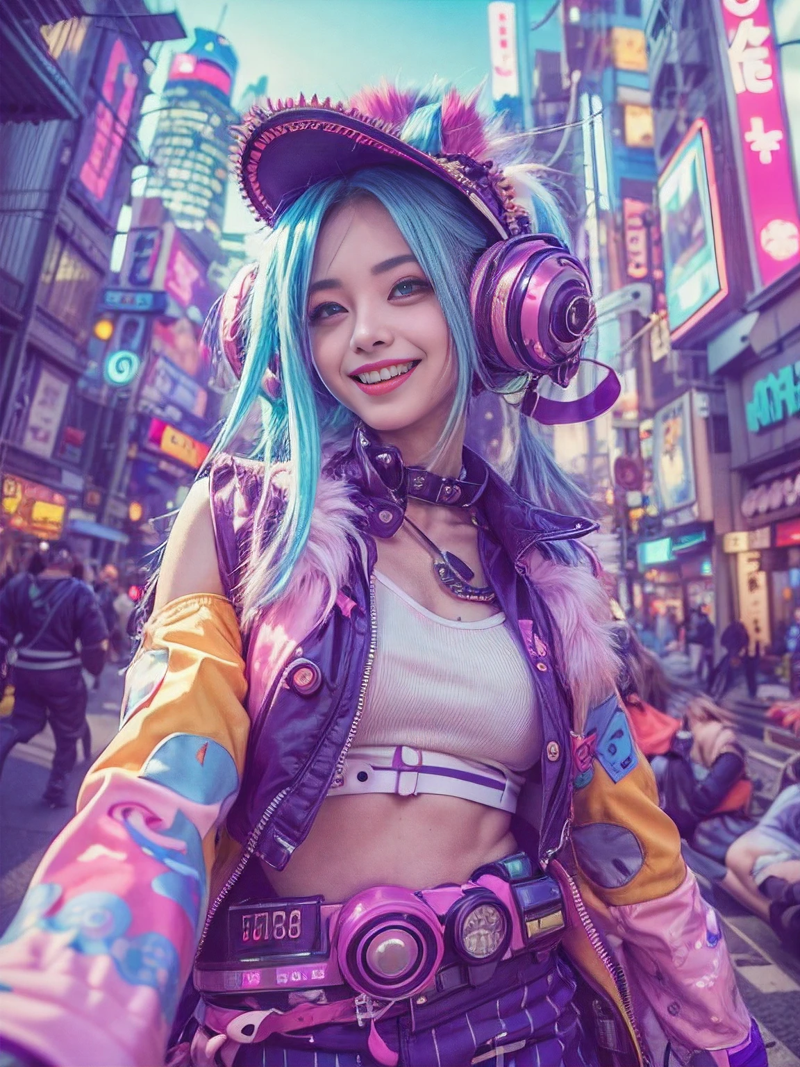 ((Jinx is dressed in a Harajuku Tech costume), (fisheyelens), self-shot, Cowboy shot, Wind, Messy hair, cyberpunk city landscape, (Aesthetics and atmosphere:1.2),Smiling, Laughing，wide wide shot