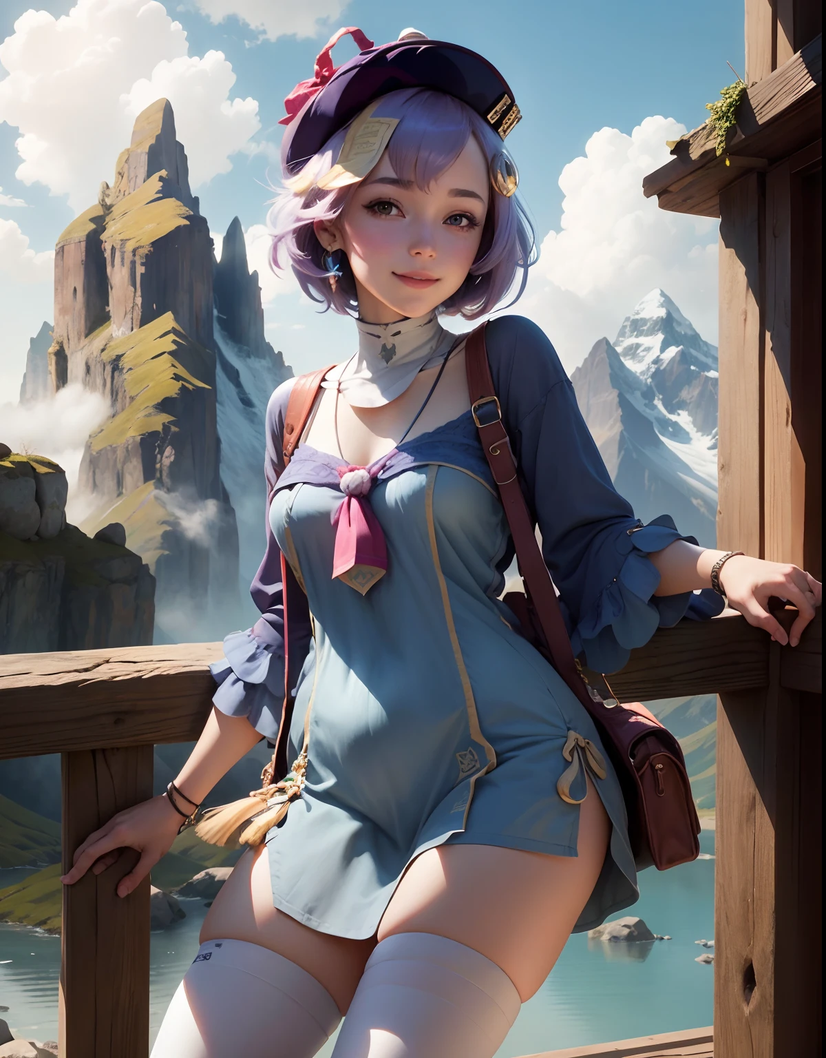 (Masterpiece, Top Quality, Best Quality, official arts, beautiful and aesthetic:1.3,Photorealistic:1.4,),  Cute:1:4,  Tsitsidef, upper-body, Smile, blusher, exteriors, Day, Simple background, blue skies, Short hair, skye, temple, looking a viewer, ladder, mountain, moody lighting,