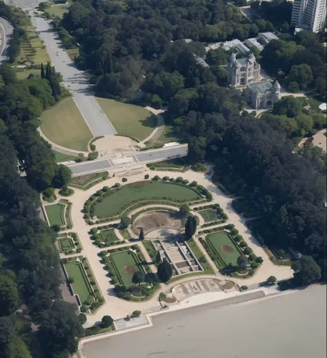 gouache illustration of a aerial view of a large garden with a fountain and a park, viewed from bird's-eye, royal garden
