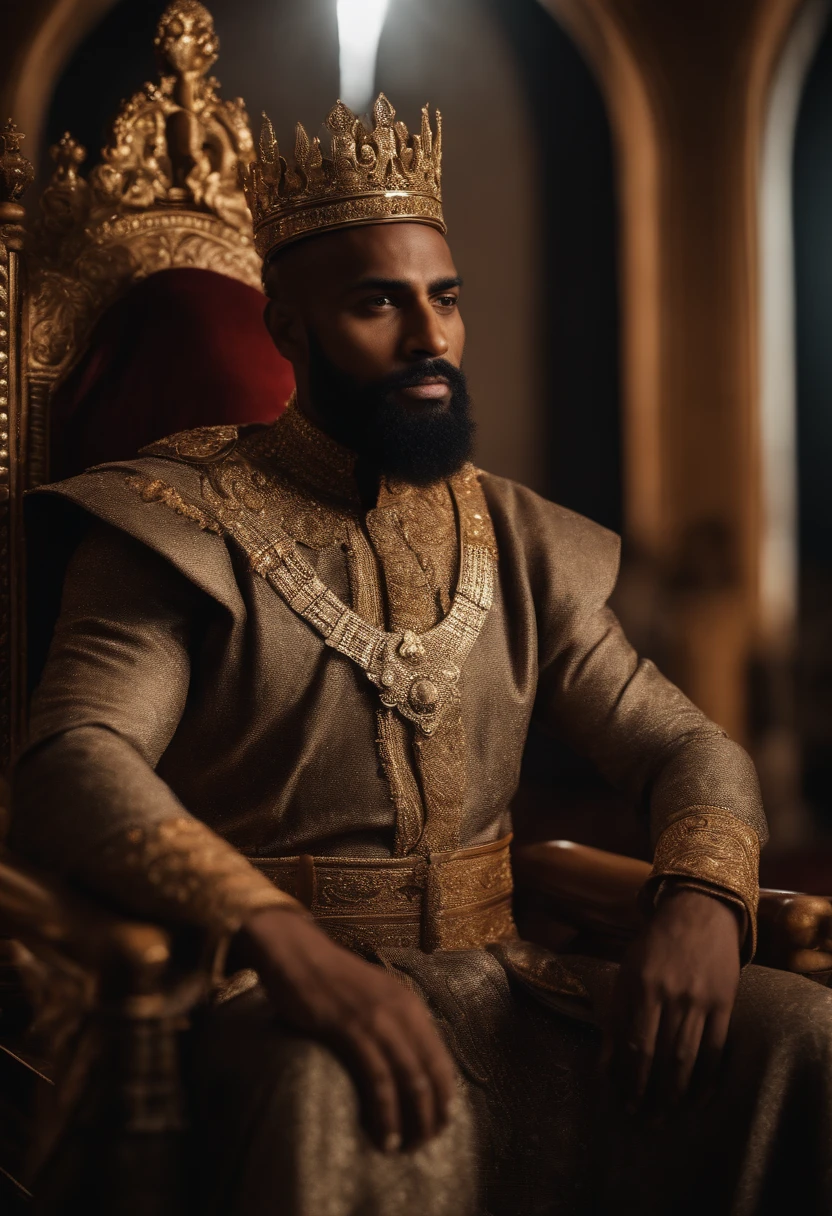 A brown skinned King,well built sitting on throne