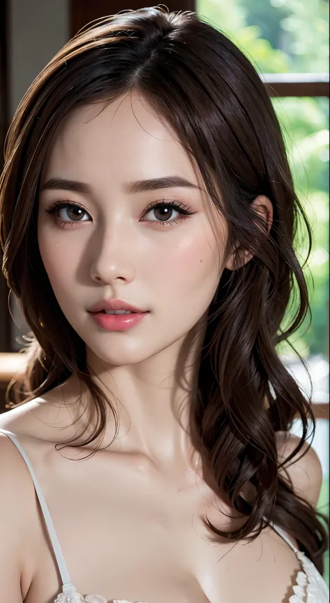 (Best Quality, 4K, masutepiece: 1.3), Beautuful Women、Hyper-realistic, 1girl in,hyperdetailed face,Detailed lips, Detailed eyes,二重まぶた, (Beautiful detailed lips),Sexy face,Visible curves,Visible abs,Women of Alafe, Seductive Woman