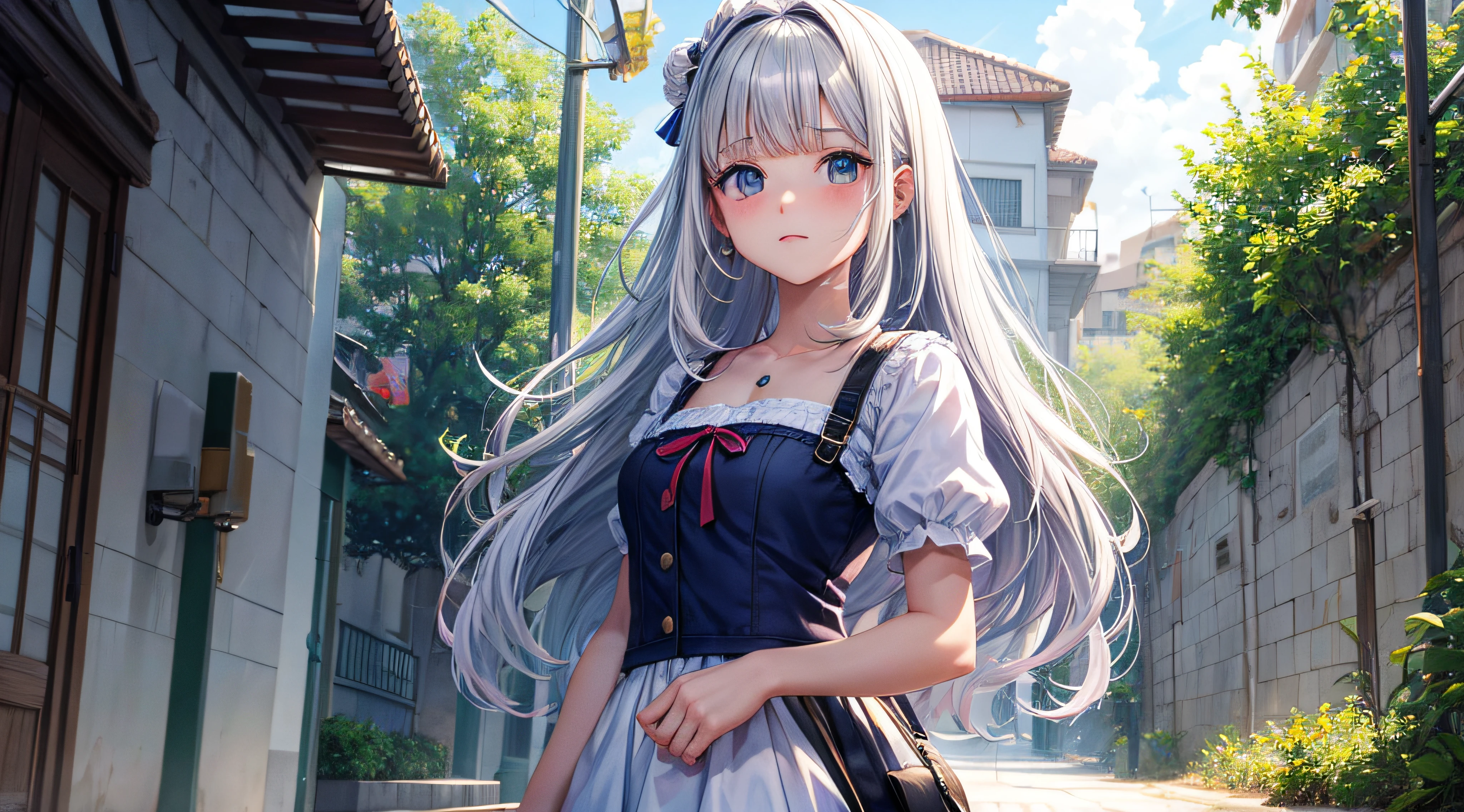 Anime girl with long gray hair and blue dress standing in alley - SeaArt AI