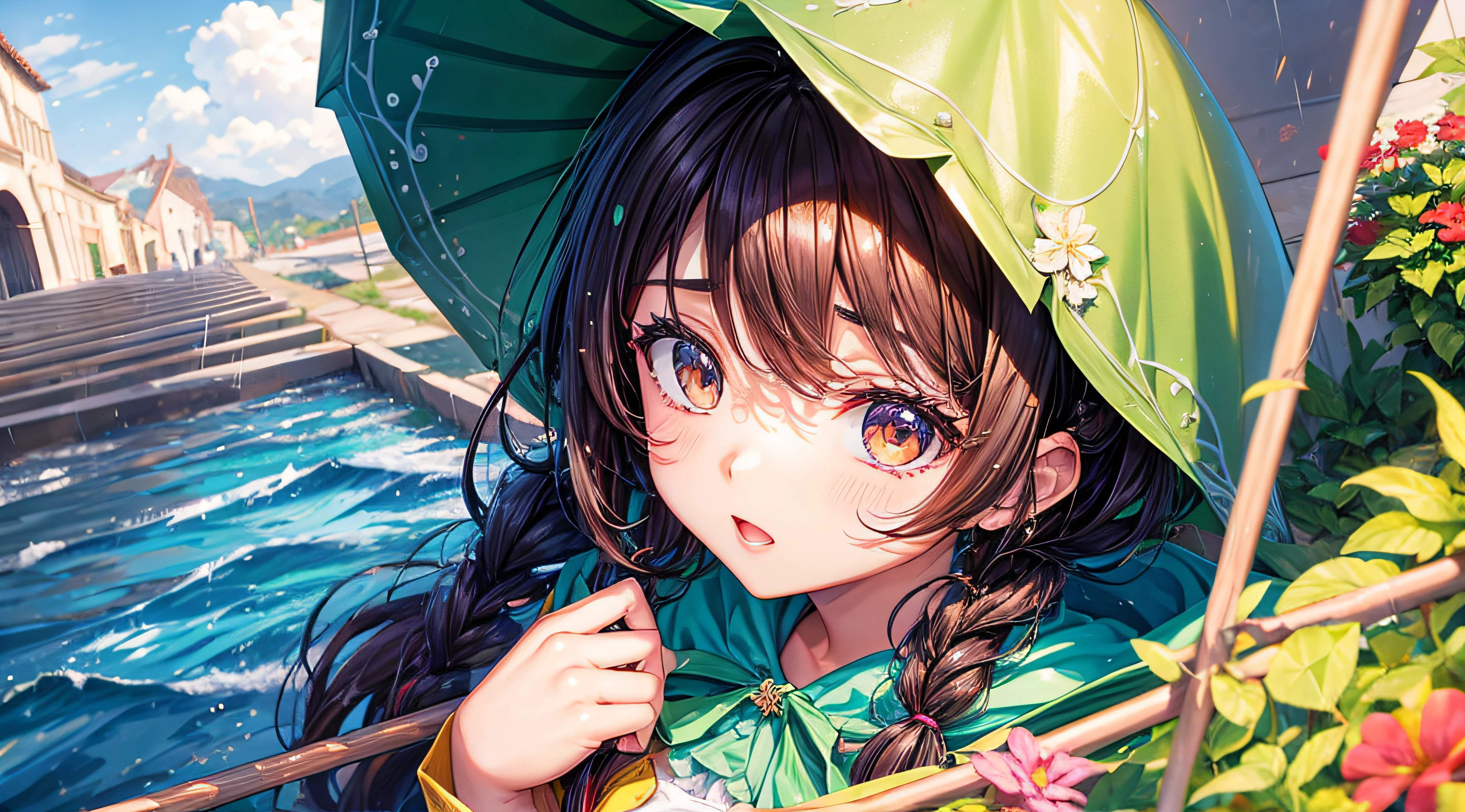 Anime girl with green umbrella looking out over water - SeaArt AI