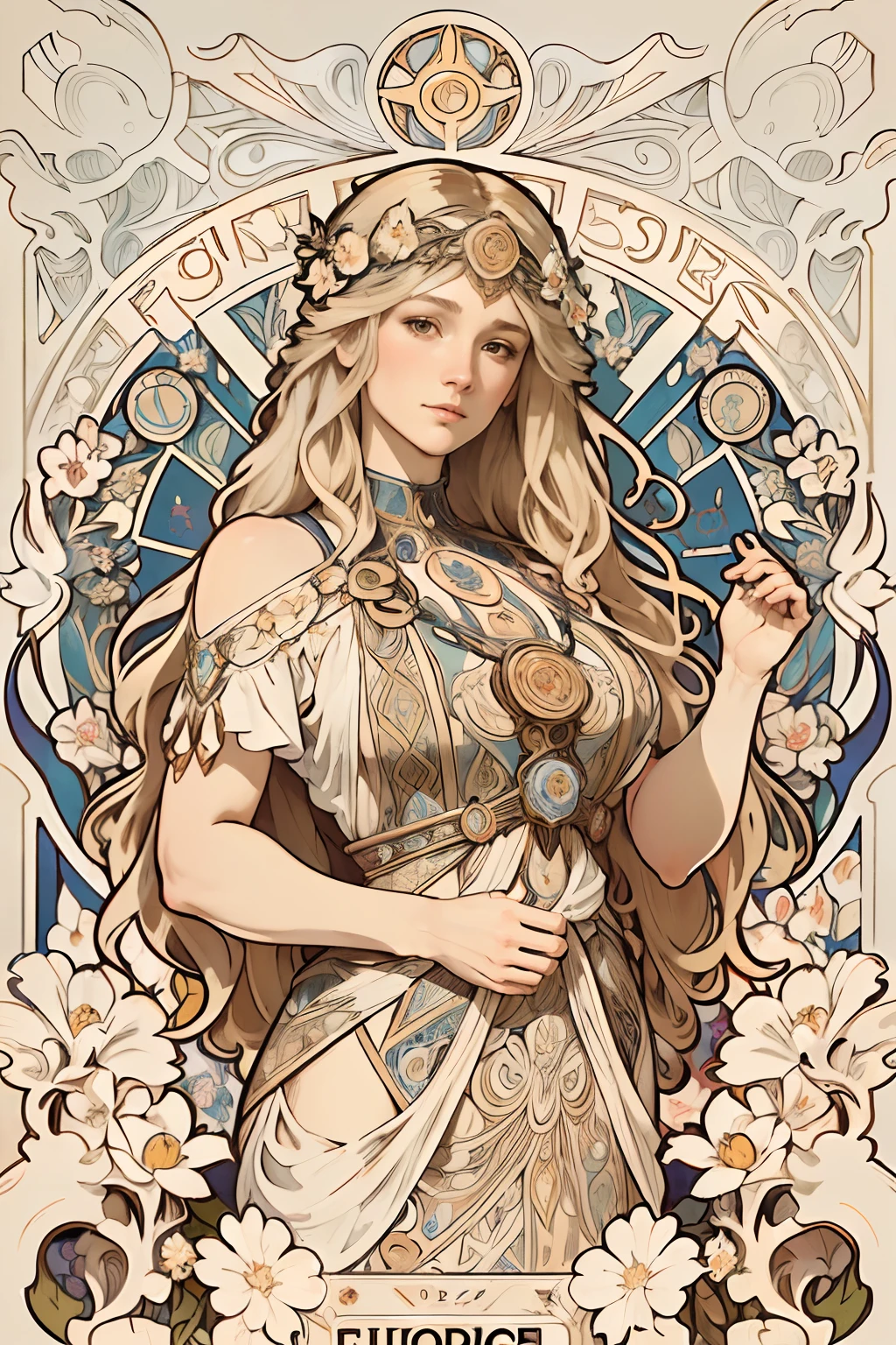face portrait of a  European female , long curly hair, blond, floral frame, Decorative panels, abstract
artistic, by Alphonse Mucha, (Masterpiece, Best Quality, Highres:1.4), Detailed, Intricate Details, 4K, color splashes, line art,   fibonacci, in style alfons mucha and in the form of tarot card