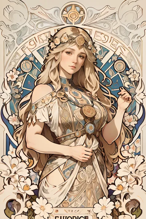face portrait of a  European female , long curly hair, blond, floral frame, Decorative panels, abstract
artistic, by Alphonse Mucha, (Masterpiece, Best Quality, Highres:1.4), Detailed, Intricate Details, 4K, color splashes, line art,   fibonacci, in style ...