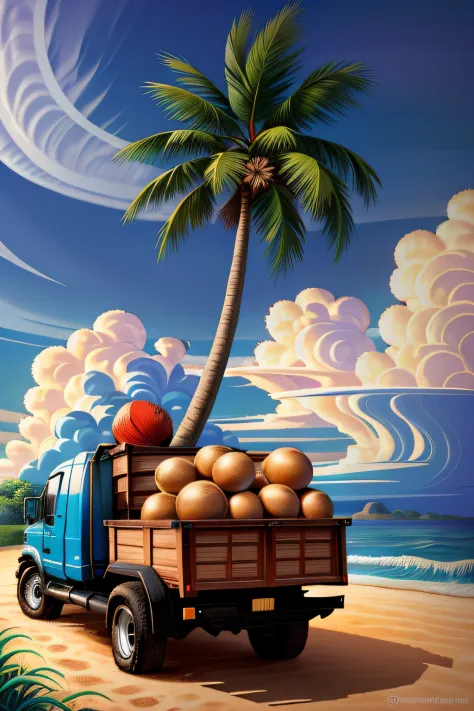 ((masterpiece,best quality)), （shipping coconuts）a hardworking truck driver transports a truckload of coconuts，small characters ...