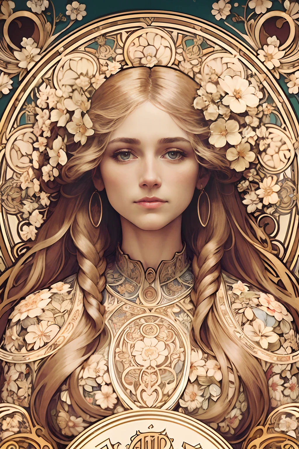 face portrait of a  European female , long curly hair, blond, floral frame, Decorative panels, abstract
artistic, by Alphonse Mucha, (Masterpiece, Best Quality, Highres:1.4), Detailed, Intricate Details, 4K, color splashes, line art,   fibonacci, in the style of alfons mucha