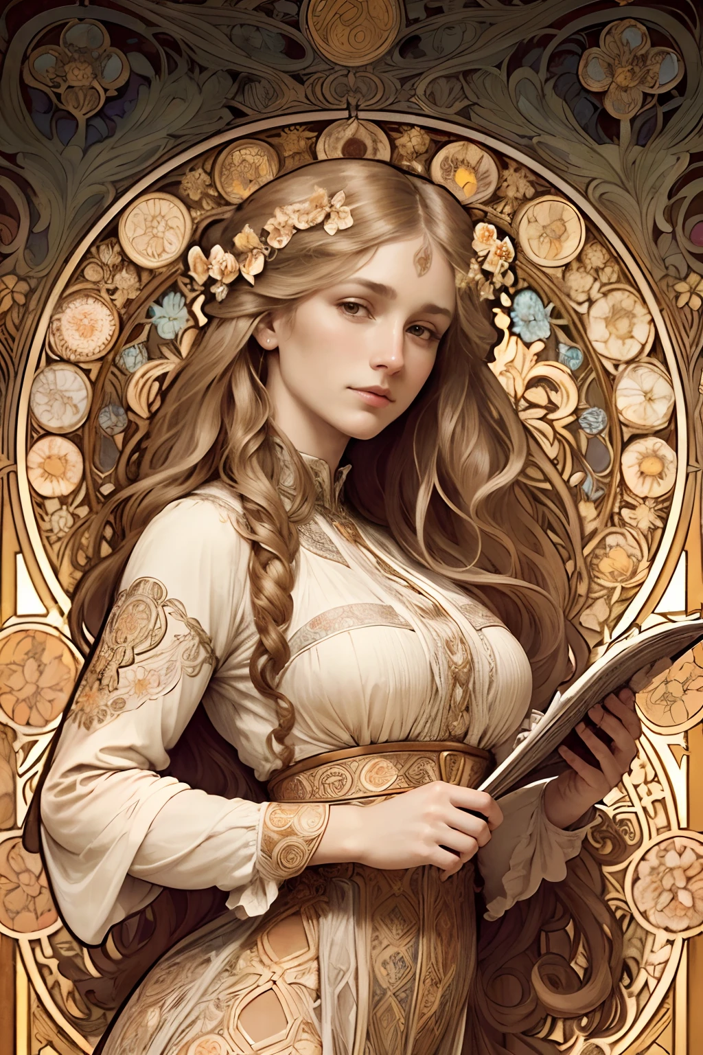 face portrait of a  European female , long curly hair, blond, floral frame, Decorative panels, abstract
artistic, by Alphonse Mucha, (Masterpiece, Best Quality, Highres:1.4), Detailed, Intricate Details, 4K, color splashes, line art,   fibonacci, in the style of alfons mucha