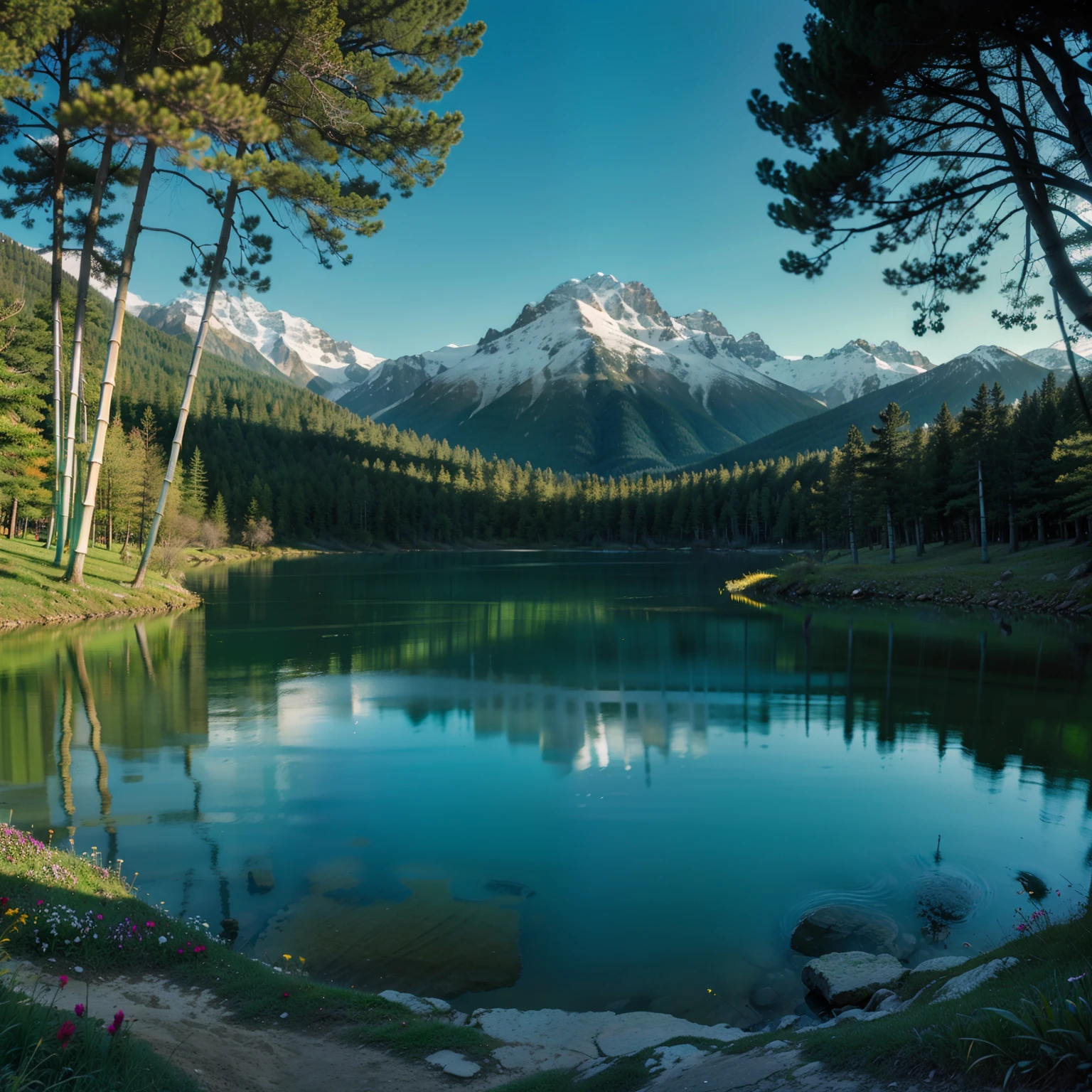 Towering snow-capped mountains, turquoise lake, (forest), flowers, trees, grass, bamboo, spring, sunny, strong sunlight, chiaroscuro, cliffs, panoramao, 8K, high quality