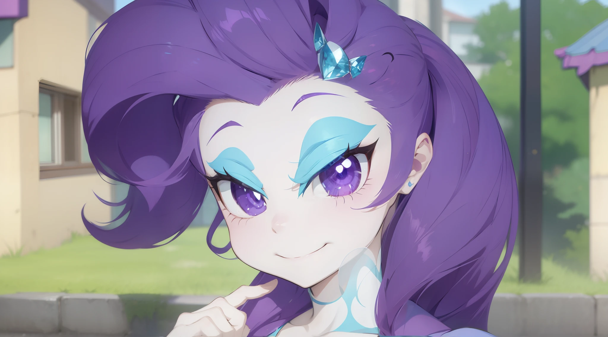 a close up of a cartoon pony with purple hair and a blue dress, nefarious smirk, purple eyes and white dress, equestria, giddy smirk, she has a diamond eye, her hair is in a pony tail, changelingcore, dramatic smirk pose, proud smirk, glomy, mlp, confident smirk, roguish smirk, rarity, equestria girls