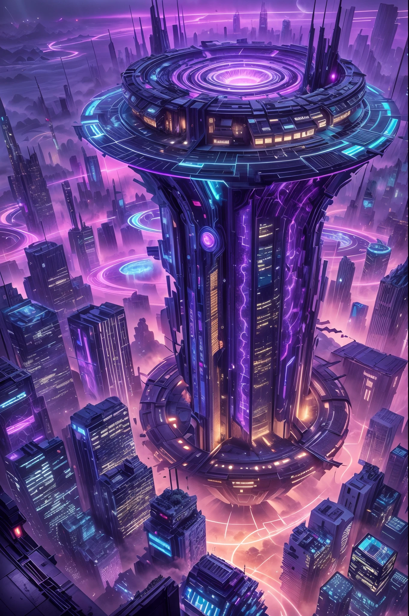 image of an otherworldly city, a futuristic city, a giant high tech pillar pierce the sky, on the body of the pillar countless of mechanic thicc and long branch, detailed futuristic houses on each branch, wide angle, ultra wide angle, capturing  all the unique city, glowing  purple and blue ray on pillar and branch, each branch is link together by high tech bridge, futuristic, night time, glowing the night, branch links together create a circular structure surround the big pillar,