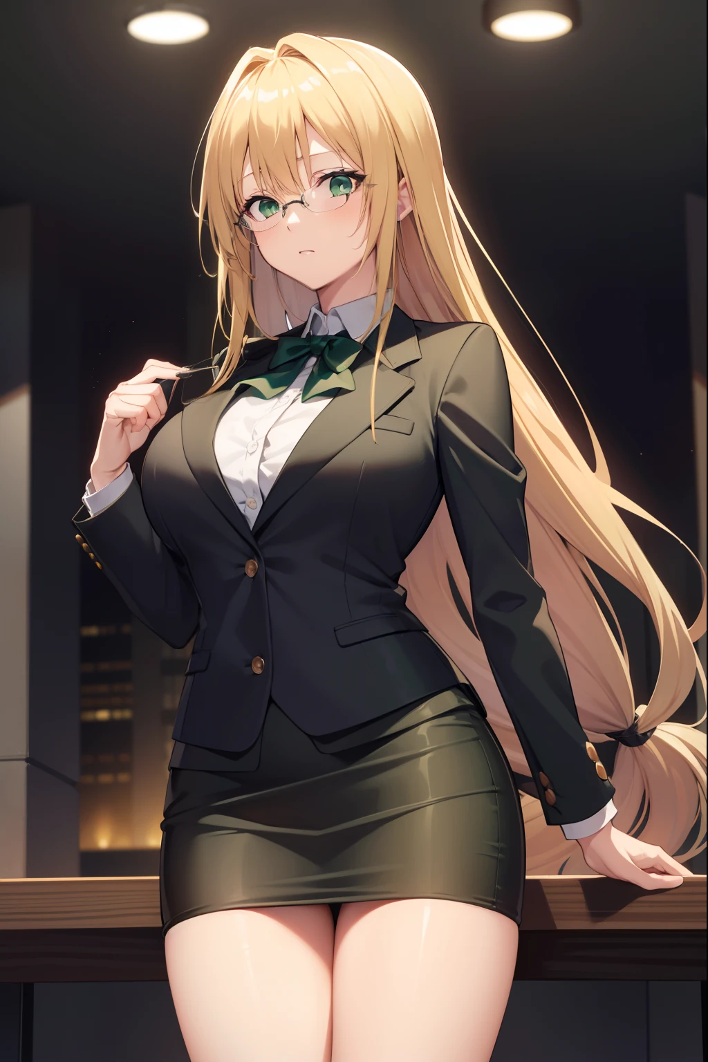 Lunatierke Tiaguet, Whimsical tears, Blonde hair, (Green eyes:1.5), Hair intake, Long hair, low-tied long hair, Glasses,
Breaking a business suit, Formal, Jacket, pantyhose, pencil skirts, Skirt, Skirt suit, Suit, thighs thighs thighs thighs, Black Suit, Black jacket, Black skirt,
BREAK looking at viewer,
Break indoors, crass room,
BREAK (masutepiece:1.2), Best Quality, High resolution, Unity 8k壁纸, (Illustration:0.8), (Beautiful detailed eyes:1.6), extra detailed face, Perfect Lighting, extremely details CG, (Perfect hands, Perfect Anatomy),