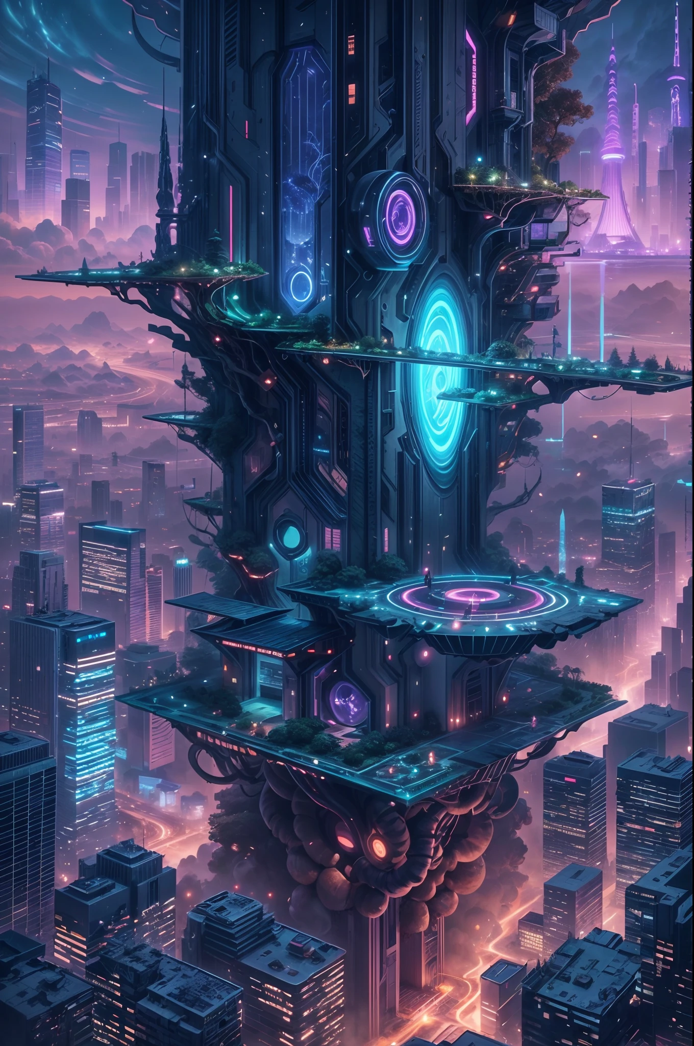 image of an otherworldly city, a futuristic city, a giant high tech pillar pierce the sky, on the body of the pillar countless of mechanic thicc and long branch, detailed futuristic houses on each branch, wide angle, ultra wide angle, capturing  all the unique city, glowing  purple and blue ray on pillar and branch, each branch is link together by high tech bridge, futuristic, night time, glowing the night, branch links together create a circular structure surround the big pillar,