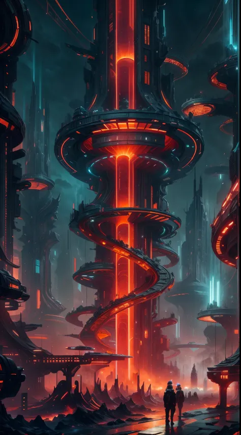 image of an otherworldly city, a futuristic city, a giant high tech pillar pierce the sky, on the body of the pillar countless o...