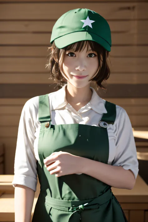 1 girl wearing a green apron for a Starbucks employee，white  shirt，Black pantsuit，Black baseball cap on head，Work at a Starbucks...