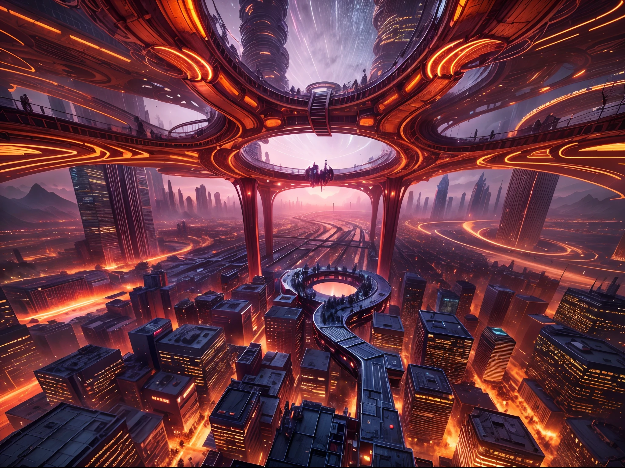 image of an otherworldly city, a futuristic city, a giant high tech pillar pierce the sky, on the body of the pillar countless of mechanic thicc and long branch, detailed futuristic houses on each branch, wide angle, ultra wide angle, capturing  all the unique city, glowing red and gold ray on pillar and branch, each branch is link together by high tech bridge, futuristic, night time, glowing the night, branch links together create a circular structure surround the big pillar,