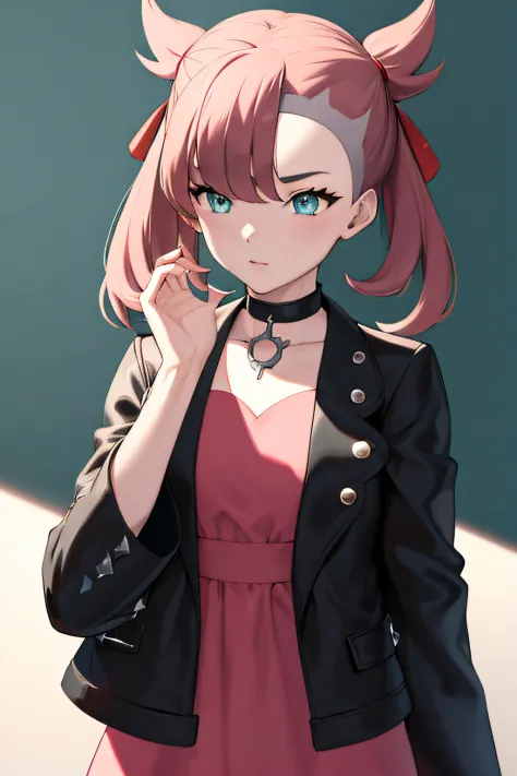 hmmarnie, aqua eyes, black choker, red ribbon, pink dress, jewelry, black jacket, open clothes, long sleeves