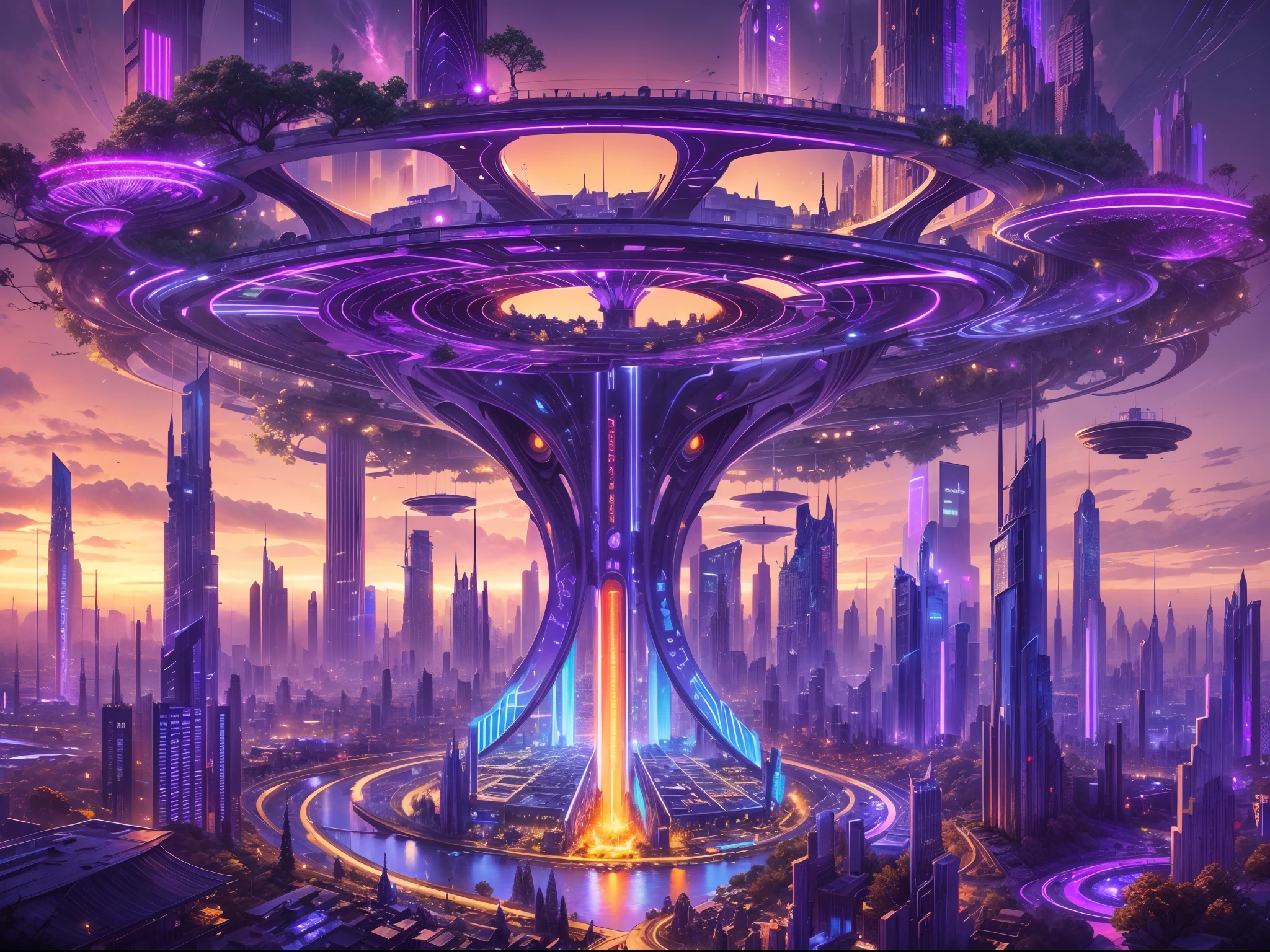image of an otherworldly city, a futuristic city, a giant high tech pillar pierce the sky, on the body of the pillar countless of mechanic thicc and long branch, detailed futuristic houses on each branch, wide angle, ultra wide angle, capturing  all the unique city, glowing  purple and blue ray on pillar and branch, each branch is link together by high tech bridge, futuristic, night time, glowing the night, branch links together create a circular structure surround the big pillar,