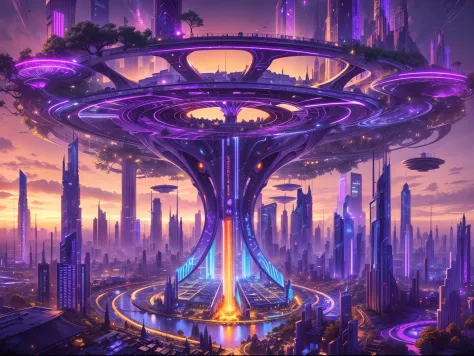 image of an otherworldly city, a futuristic city, a giant high tech pillar pierce the sky, on the body of the pillar countless o...