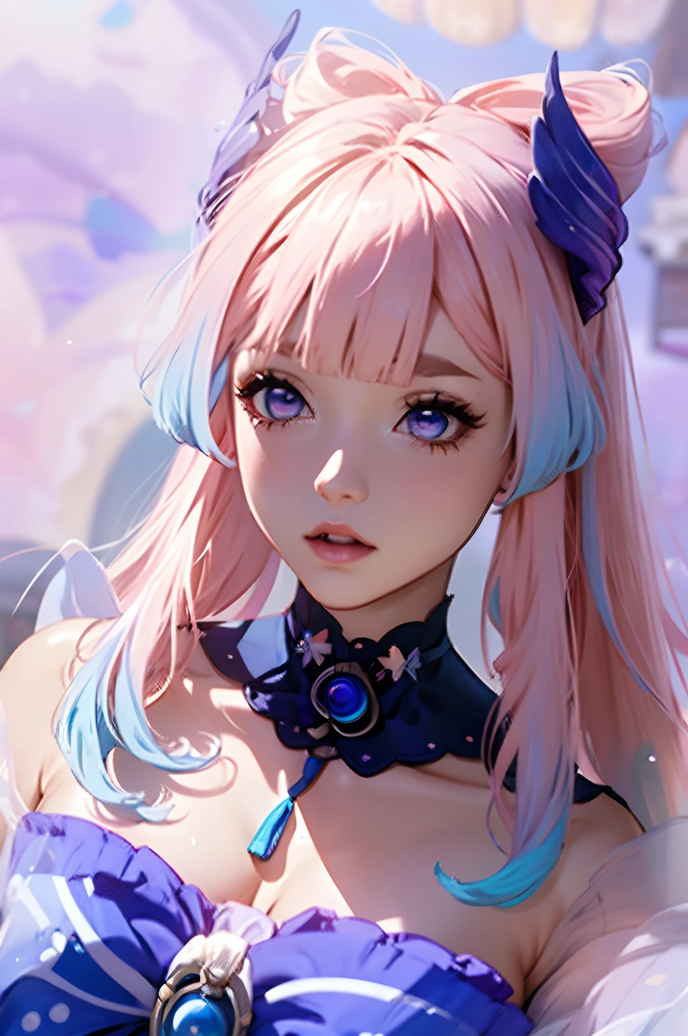 1 girl solo, translucent clothes, wery long pink hair with lavender streaks, blue bow on the chest, dark blue collar with pearl, long detached white and blue sleeves, white shorts, pastel rainbow iridescent light, flowy hair, ((holding pink pumpkins)) ((pink halloween)), portrait