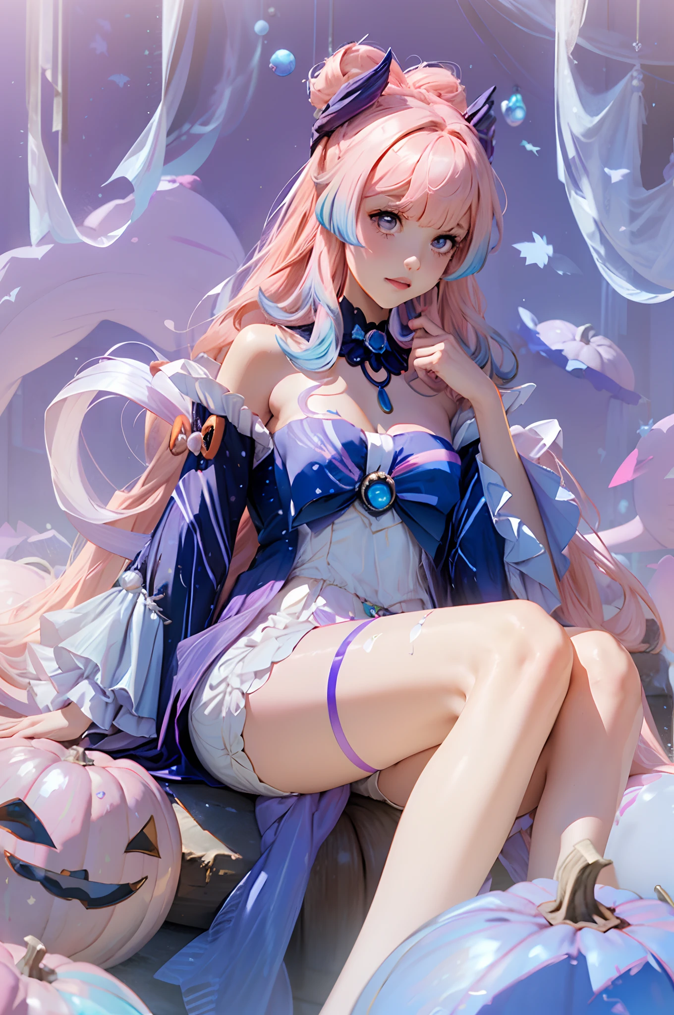 1 girl solo, translucent clothes, wery long pink hair with lavender streaks, blue bow on the chest, dark blue collar with pearl, long detached white and blue sleeves, white shorts, pastel rainbow iridescent light, flowy hair, ((holding pumpkins)) ((pastel pink halloween)), sitting on the sea shore on a big pastel purple shell, shells and pearls, pearl pumpkins