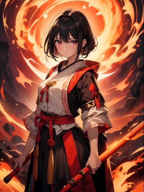 1 Miko girl , holding  tin cane, wide shot ,( background magma gushes out) ,upper body ,black hair, high resolution,(incredibly ...