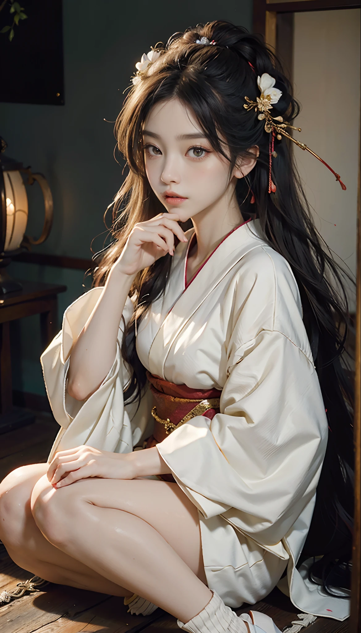 meticulous portrayal of face，1 noblewoman，(Hairpins)，(Camellia kimono)，(Long flowing colored hair)，Simple and elegant Japanese clothing，Collar，(black sock+，clogs)， s the perfect face， perfect hand， Perfect Finger， Perfect lips， perfect  eyes，Extremely normal body，Ancient Japanese town background，Perfect background