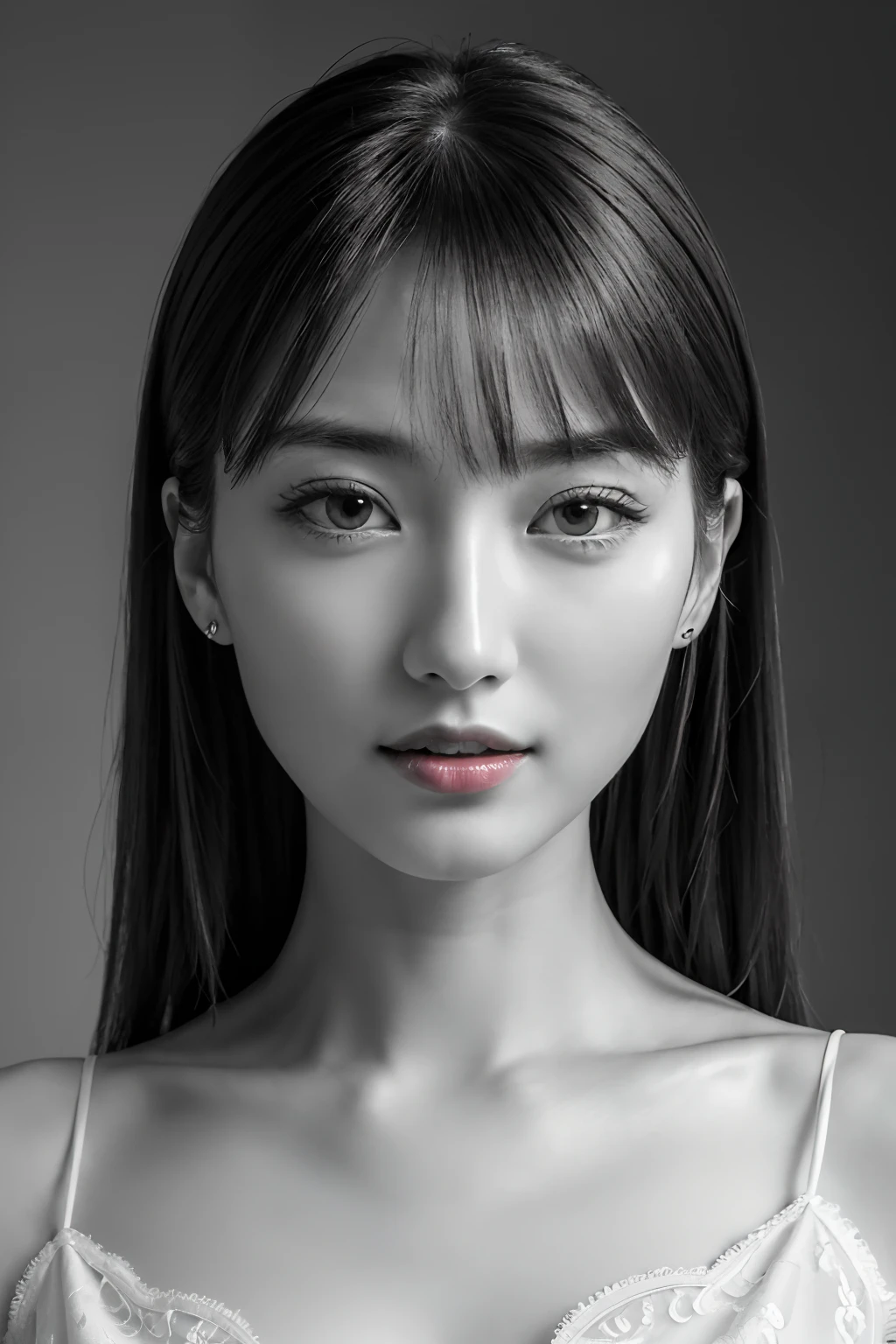 masutepiece, Best Quality, Photorealsitic, Ultra-detailed, finely detail, hight resolution, 8k wallpaper, Professional, high level of detail, ((Monochrome photography)), 1girl in, ((Facing the front)), ((Vermilion lips)), Detailed clavicle, face perfect, straight haired