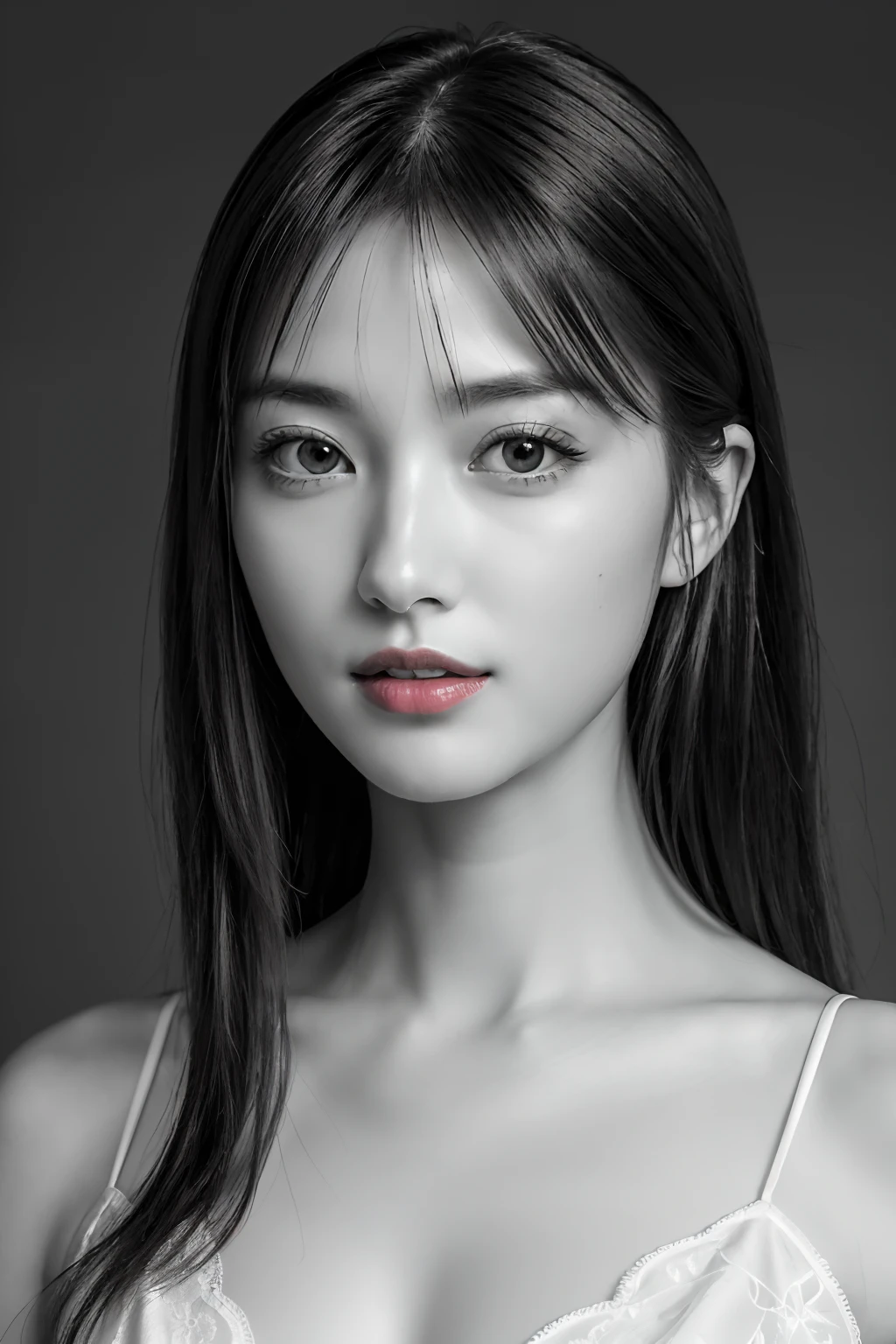 masutepiece, Best Quality, Photorealsitic, Ultra-detailed, finely detail, hight resolution, 8k wallpaper, Professional, high level of detail, ((Monochrome photography)), 1girl in, ((Facing the front)), ((Vermilion lips)), Detailed clavicle, face perfect, straight haired